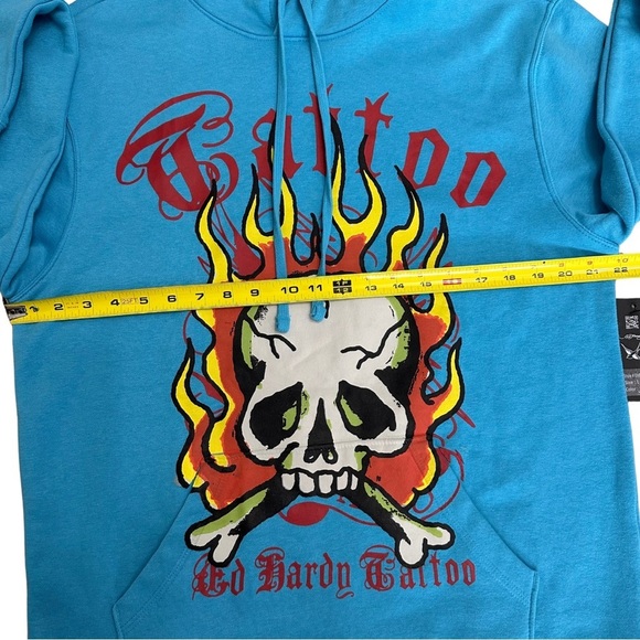 Ed Hardy Flames Skull Tattoo Pullover Sweatshirt Hoodie Turquoise Blue Large NWT - Picture 6 of 9
